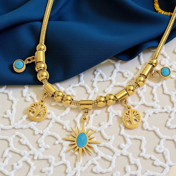 18K Gold Plated Stainless Steel Turquoise Necklace Sun Tree Of Life Charms - Picture 9 of 11